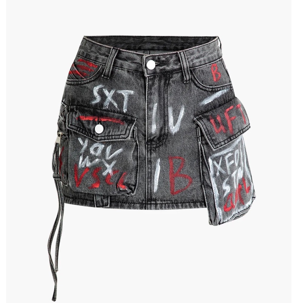 Cute Grey Denim Graffiti mini skirt